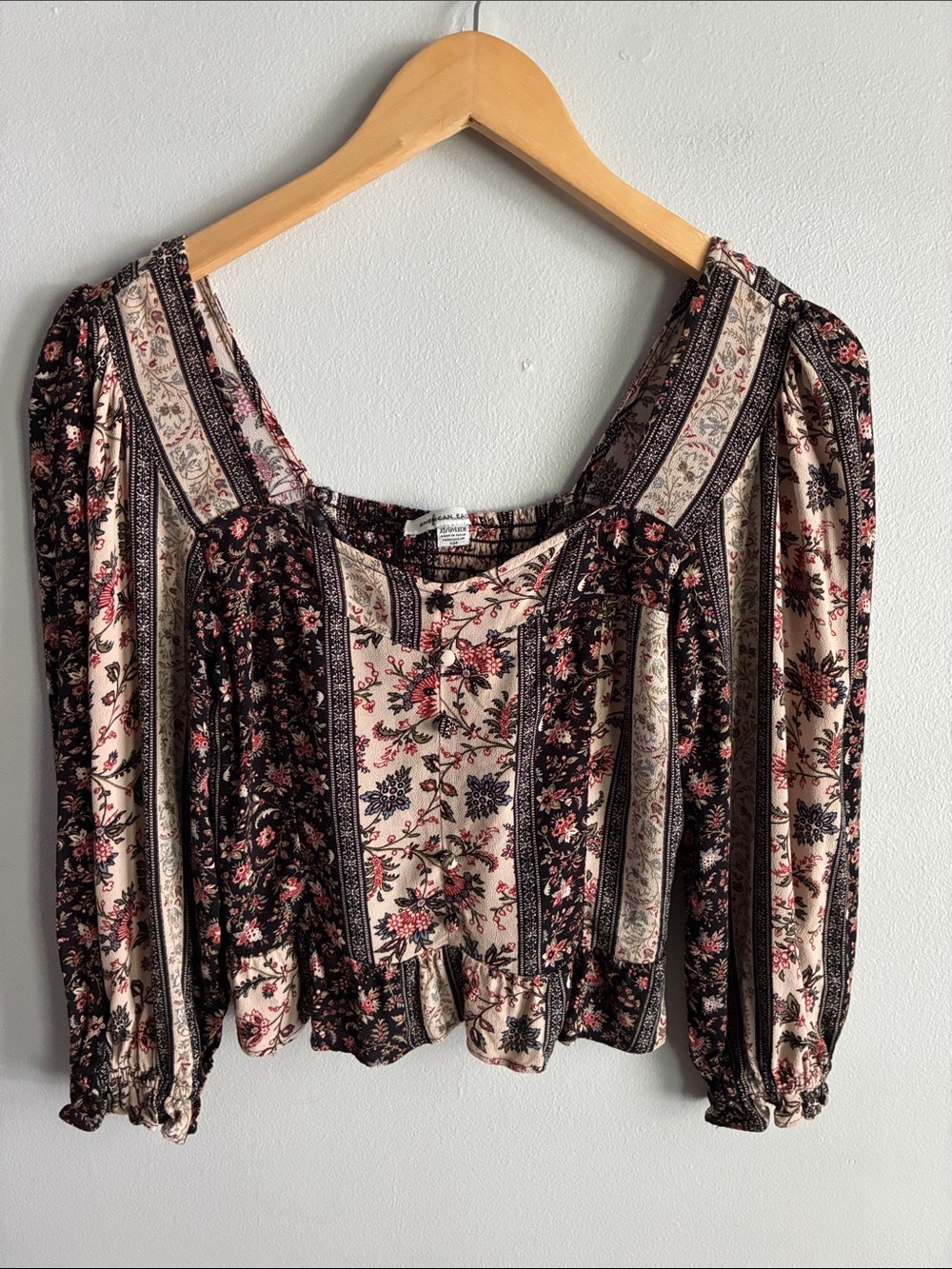American Eagle Floral Peasant Crop Top Boho Cottagecore Puff Sleeve XS
